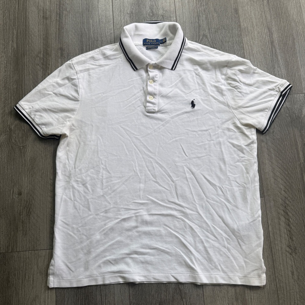 Polo Ralph Lauren Mens L Custom Slim Fit White Polo Navy Trim Pony Tipped Collar